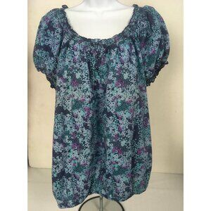 Faded Glory Top Women Size XXL 20 Blue Purple Floral Scoop Neck Short Sleeves